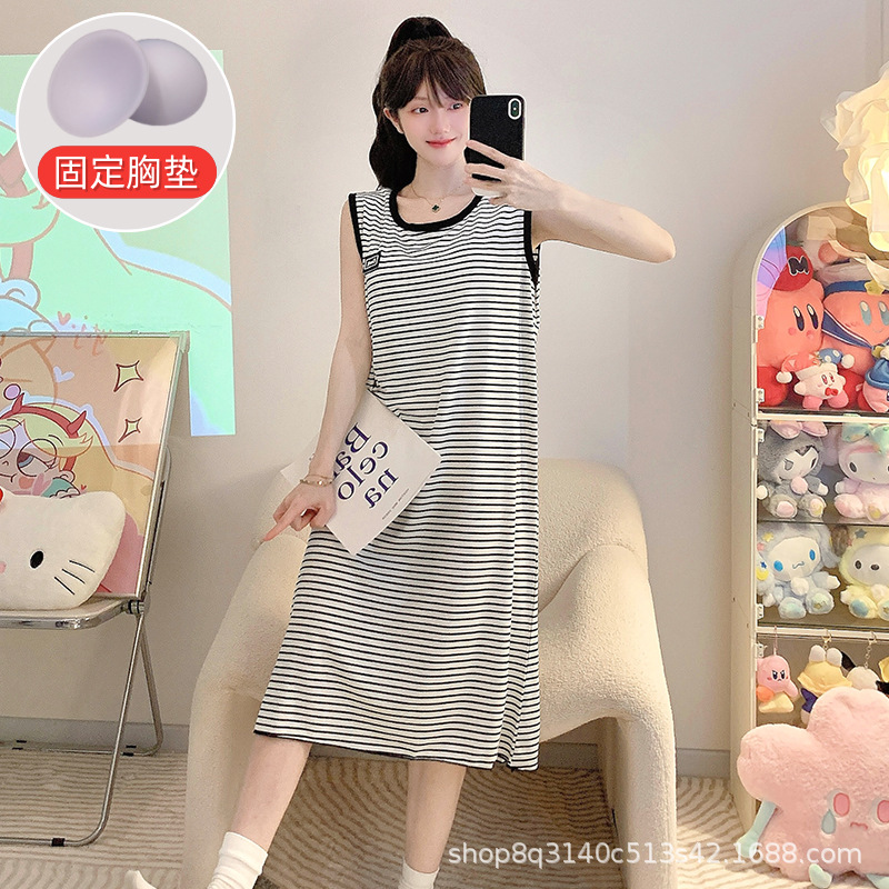 Modal Women's Sleeveless Nightgown with Breast Pads, No Need to Wear Bra, Mid-Length Simple Cross-Border Direct Supply Pajamas Manufacturer Ready Stock
