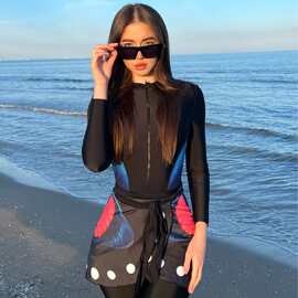 外贸豹纹三件套遮肉泳衣独立站跨境爆款女长袖防晒唯美夏季沙滩装