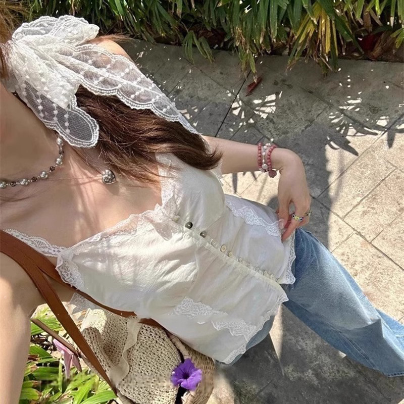 Chica Showa ~ Tela larga de encaje suave francés con tirantes para el cabello, diadema, temperamento de súper hada, bufanda de seda retro, estilo de verano