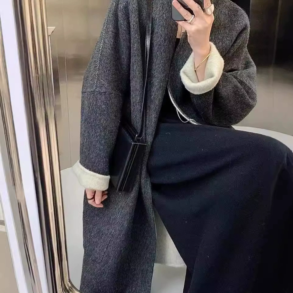 Двустороннее двуцветное шерстяное длинное пальто, mid-length