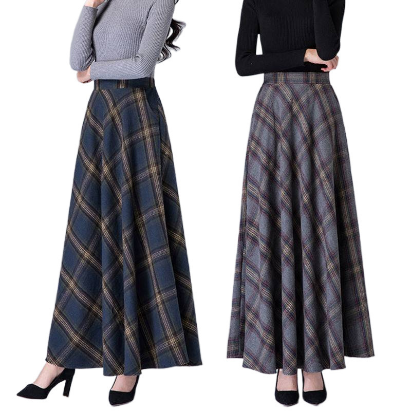 [Woolen Dress] 2025 Autumn and Winter Elastic Waist Plaid Skirt High Waist Slimming Easiest for Match Pocket Women's Skirt Trendy