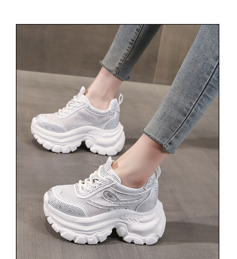 Giày sneaker chunky nữ đế dày mặt lưới đính đá tăng chiều cao — Màu đen chi tiết 11