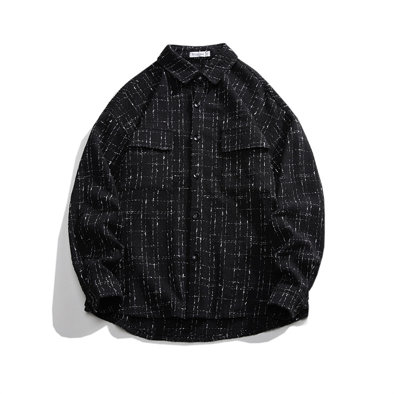 Xiaoxiang style houndstooth woolen cloth shirt coat men's spring and autumn work plus size plaid shirt fashionable outer wear jacket