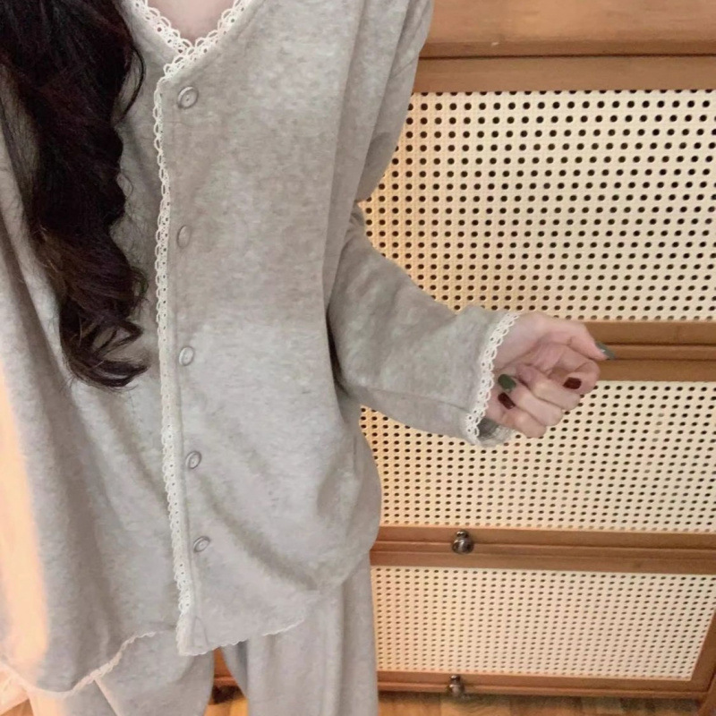 韩系甜美ins风睡衣女春秋季蕾丝花边开衫长袖长裤少女家居服套装