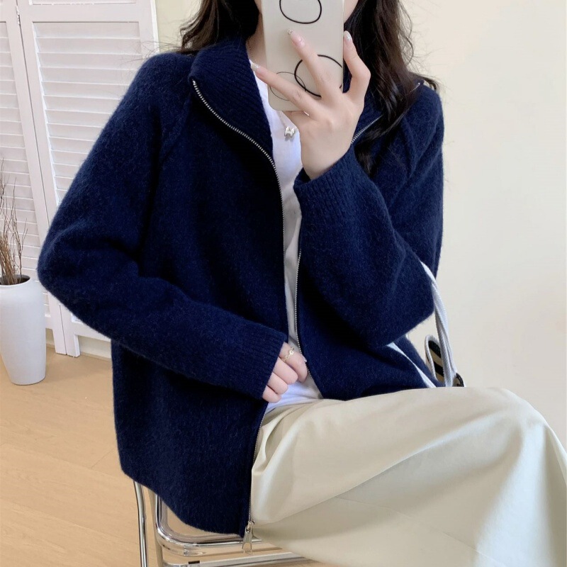 跨境慵懒风毛衣外套女2025秋冬新款韩系纯色立领拉链针织开衫上衣|undefined