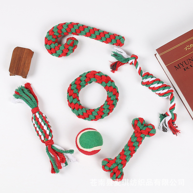 Juguetes para mascotas, serie navideña, juego combinado navideño en stock, juguetes de cuerda de algodón para la limpieza de dientes y la mordida, juguetes para perros al por mayor.
