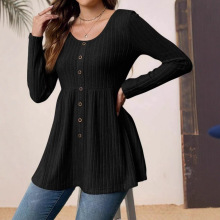 跨境外贸欧美秋冬款女装亚马逊爆款上衣纯色坑条长袖上衣一排扣T