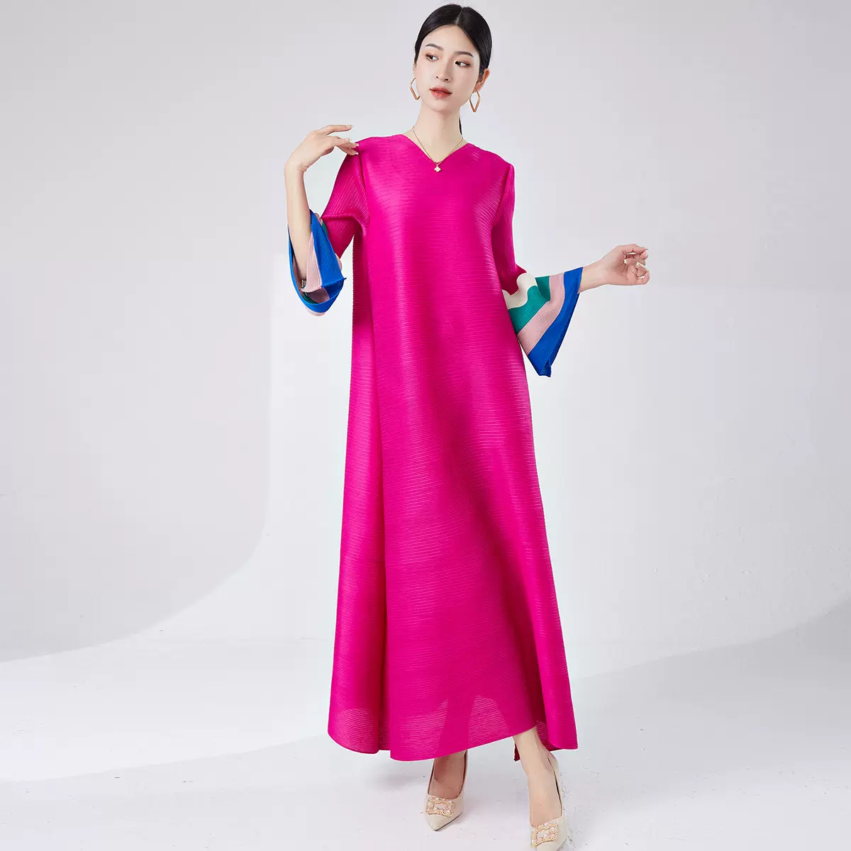 外贸大码女装连衣裙高级感时尚欧美长裙喇叭袖三宅气质款褶皱裙子