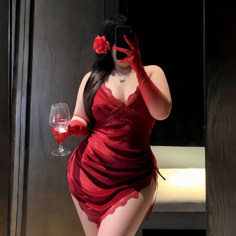 Plus-Size Erotic Lingerie Deep V-Neck Lace Strap Nightdress with Waist Drawstring and Bodycon Velvet Mini Skirt for Nightclub
