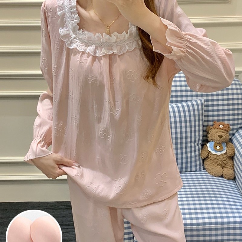 Bra-Free Pajamas for Women, Lace Round Neck, Long-Sleeved Pants, Jacquard Cloud Cotton Suit, Palace Style Girls' Home Clothes