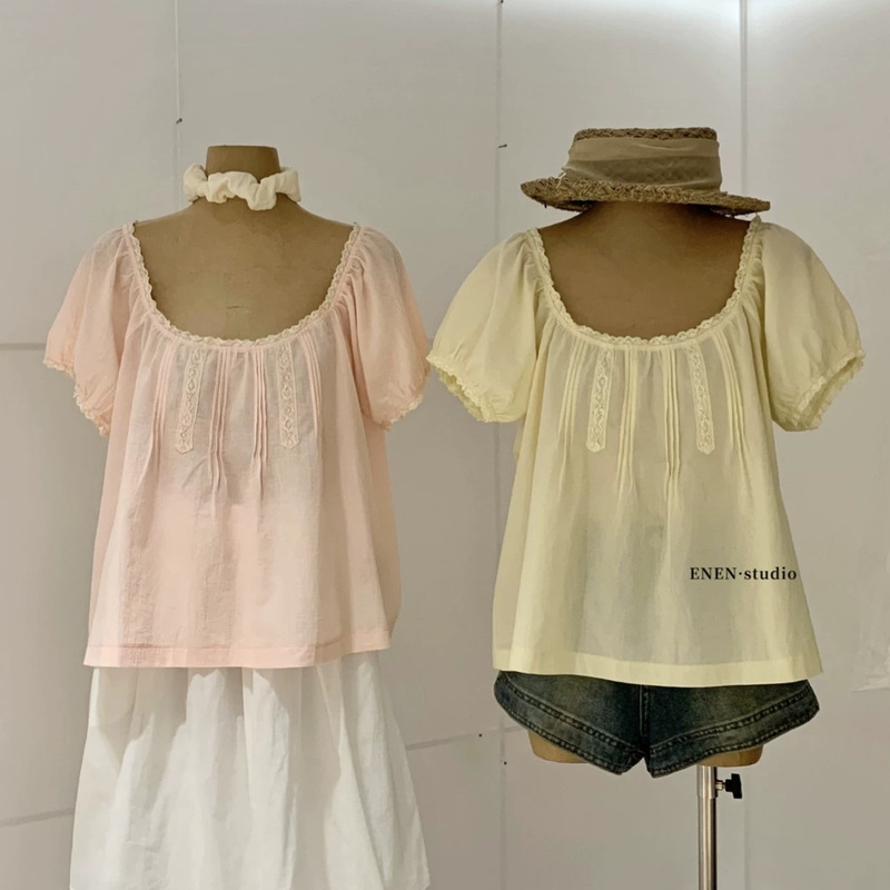 ENEN10647 Korean-style square-neck ruffled lace short-sleeve shirt, summer loose fit, slimming, versatile, with tie and puff sleeves