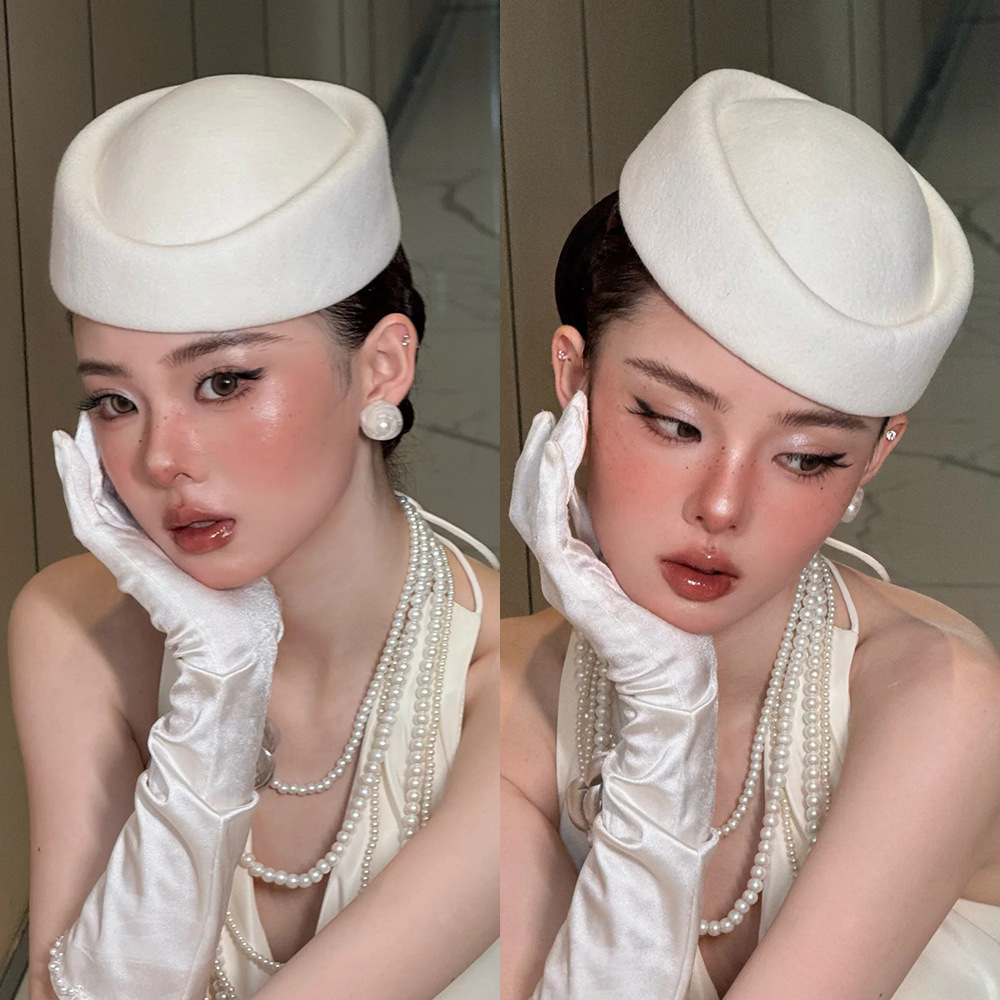 法式复古手工白色毛毡赫本风帽子新娘婚纱礼服跟妆优雅造型礼帽