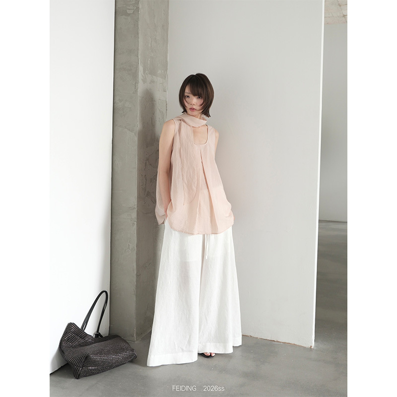 Feiding2026 New Summer Style Round Neck Sleeveless Korean Style Simple Blouse with Ribbon Design P262