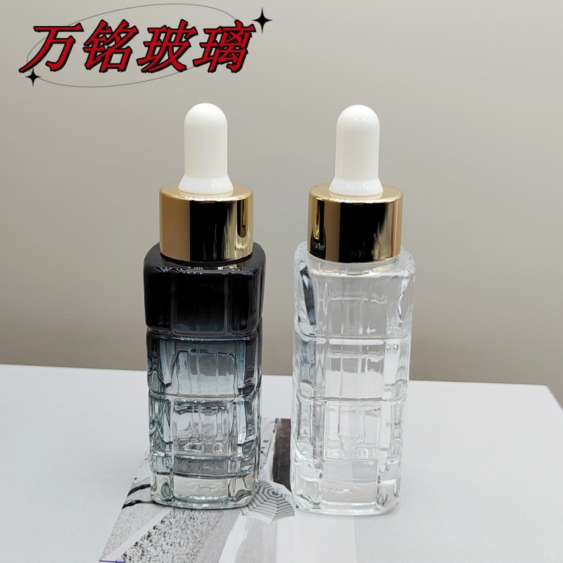 新款30ml格纹滴管四方瓶精油玻璃竹节精华液瓶原液金圈护肤品瓶