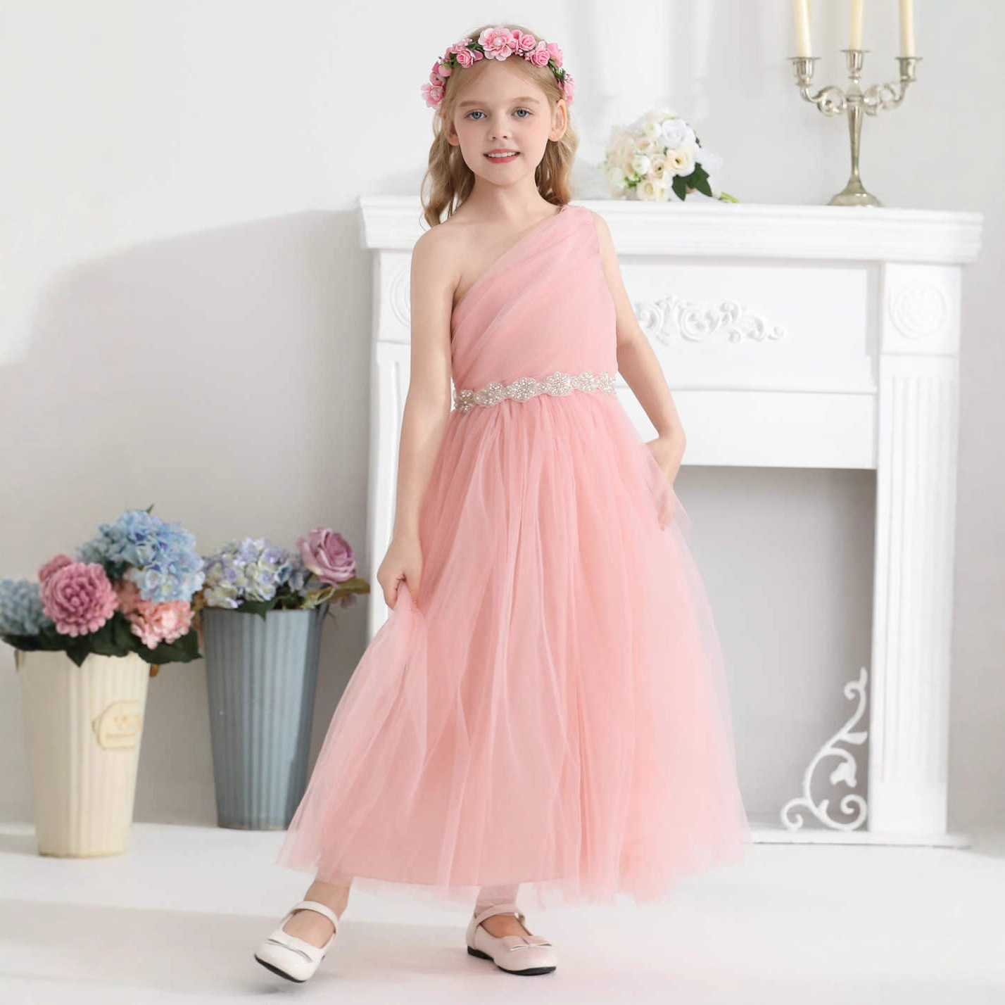 Comercio exterior nuevo vestido de niñas vestido de princesa niñas vestido de hombro inclinado mallas vestidos de niños ropa de piano