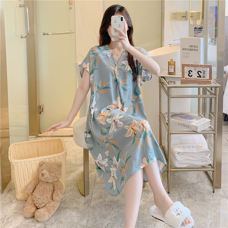 Camisón de seda de algodón para mujer verano nuevo Pijama estampado de dibujos animados de manga corta estilo coreano más tamaño ropa para el hogar suelta de seda de algodón delgada