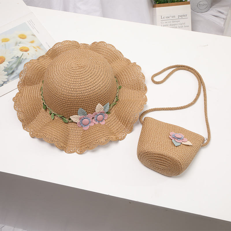 Double flower straw rope wavy edge straw hat-khaki