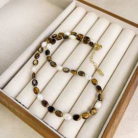 美拉德天然虎眼石串珠项链个性小众淡水珍珠锁骨链女百搭配饰吊坠