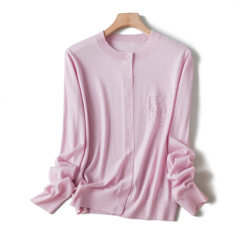 High-Quality Superfine Merino Wool Stereo Hook Pattern Hot Diamond Knitted Cardigan Women's Round Neck Long-Sleeved Thin Sweater 010