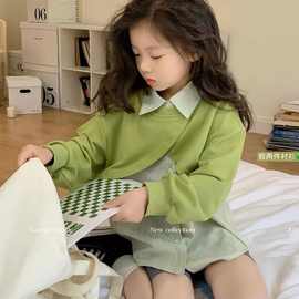 女童长袖衬衫2023春季新款韩版儿童洋气假两件衬衣宝宝春秋上衣潮