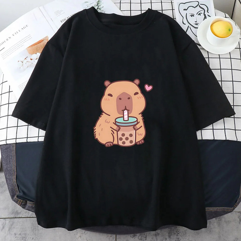 Capybara Loves Drinking Bubble Tea T-shirt Cotton Summer Cl