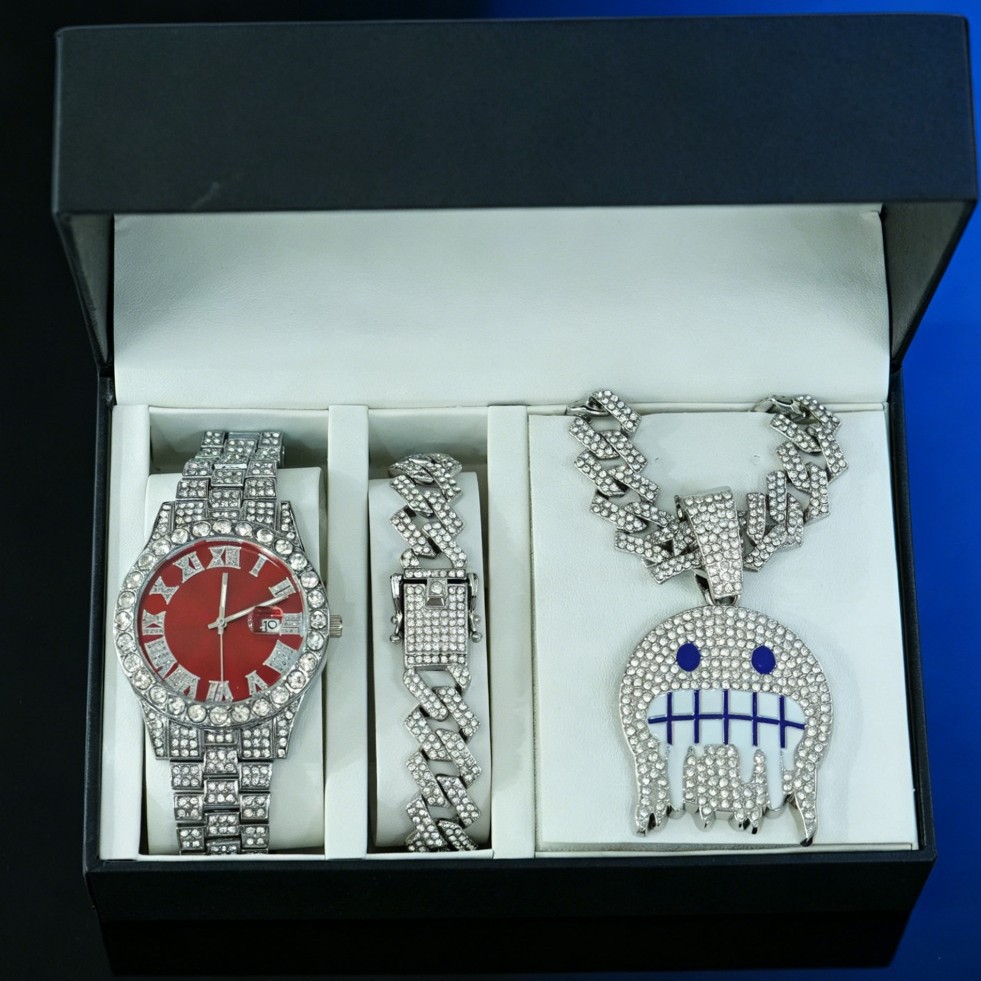 Aleación de alta calidad de moda de diamante de hielo cara colgante de collar de cadena cubana pulsera color reloj conjunto de joyas