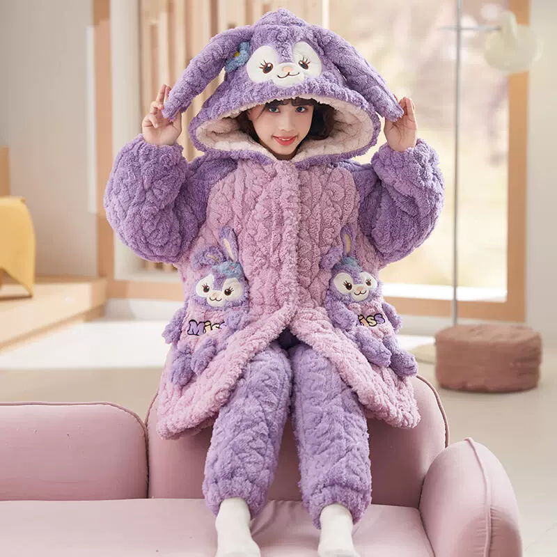 儿童加厚家居服冬夹棉睡衣女孩珊瑚绒三层加绒加厚女童家居服套装