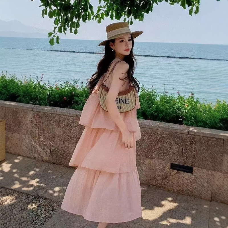 Extra Large Size 150kg Gentle Style Suspender Dress for Women, New Summer Style, Sweet and Age-Reducing, Sleeveless Ruffle Cake Dress