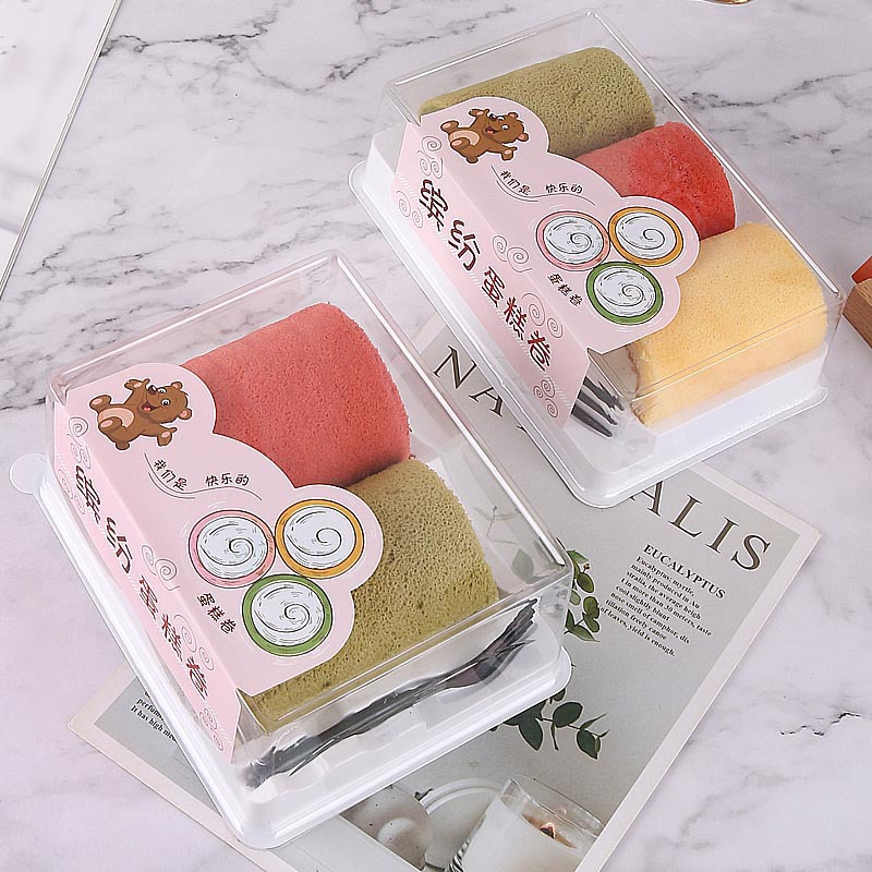 三粒缤纷蛋糕女王卷盒彩虹卷切块打包瑞士梦龙卷烘焙西点包装盒