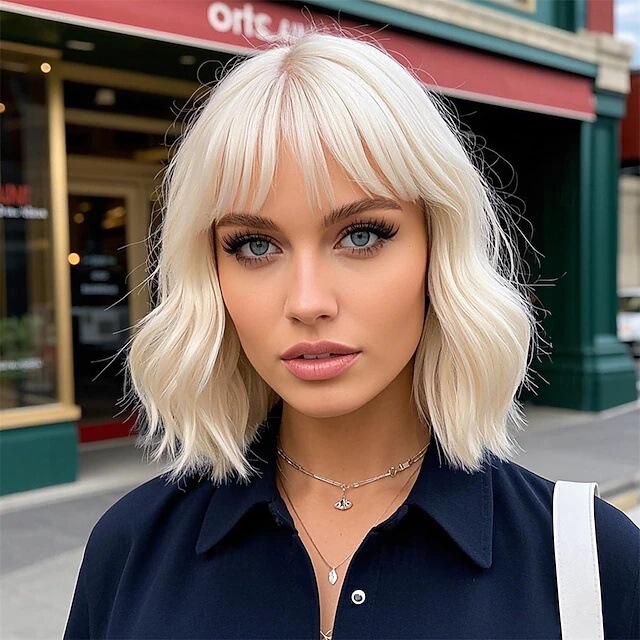 Platinum Blonde Women's Wig Short Wavy Blonde Bob Wig with Bangs Heat Resistant Synthetic Wig for Daily Party