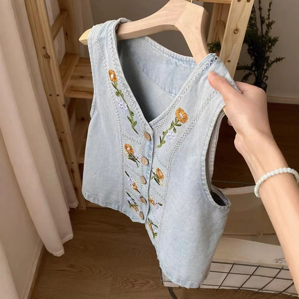 Korean Style Loose Denim Vest Women's Embroidered Sleeveless Vest Thin Retro Jacket New Summer Matching Dress