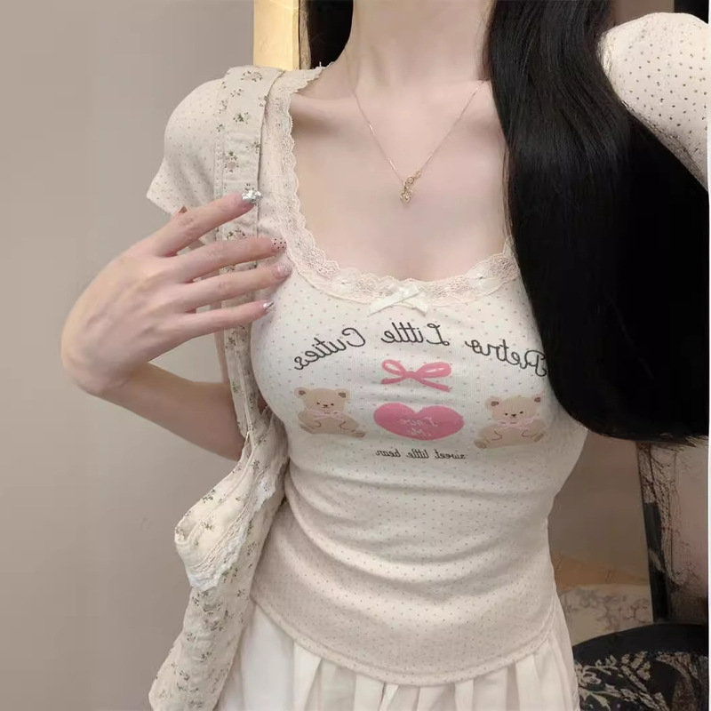 In Stock! Girly Full Score Tee! Original Dujia Cute Cartoon Bm Style T-Shirt Women's Short-Sleeved Lace Bow