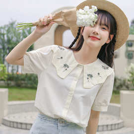 刺绣白色衬衣女小个子2024夏季新品韩版甜美娃娃领小清新法式上衣