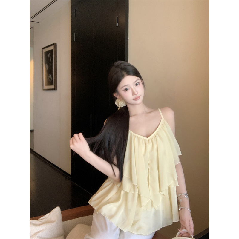 Ruffled Yellow Floating Collar Camisole Women's 2025 Summer Sleeveless Outer Wear Loose Korean Sweet Top