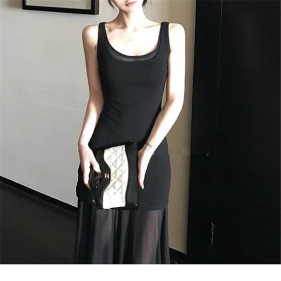 1 Dagon Jennie with the same beauty skirt! High-quality vest transparent gauze dress stacked 2-piece set
