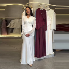2025年新型婦人服欧米アマゾンクロスボーダー対外貿易vネック長袖タックステッチ優雅純色ロングスカート