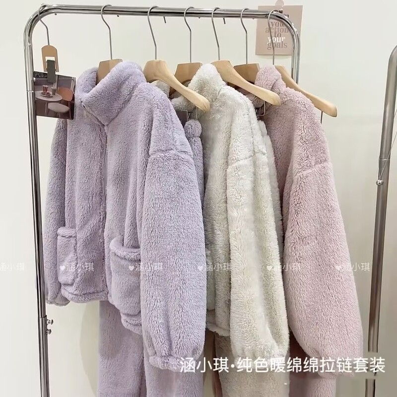 珊瑚绒大码睡衣女士加绒加厚立领拉链法兰绒暖暖套装秋冬外穿家居|undefined