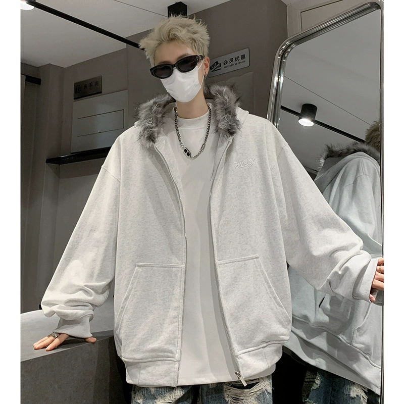 Тяжелый серый меховый воротник кардиган свитер для мальчиков осенний американский прилив молодежный спортивный топ высокого уровня