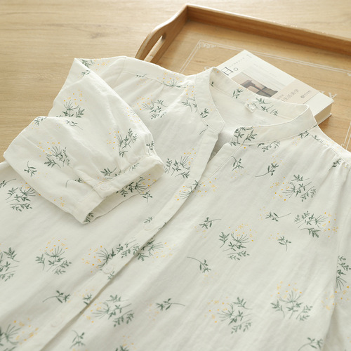 New Short-Sleeve Shirt with Double-layer Cotton Fabric, Fresh and Sweet V-Neck, Small Floral and Polka Dot Pure Cotton Blouse for Women