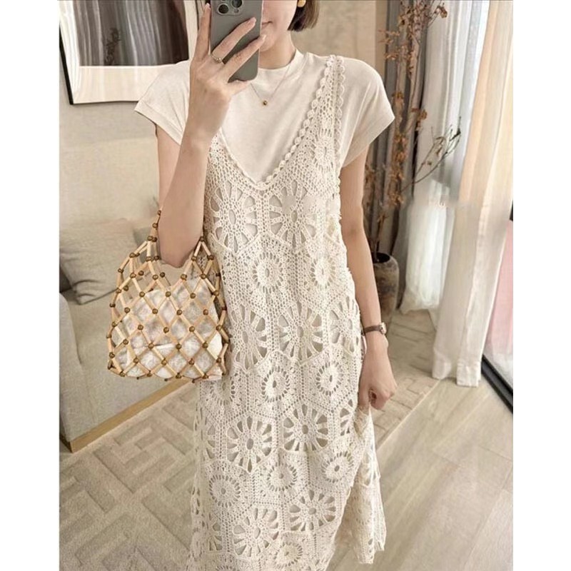 2024 New Summer Fashion Lace Hollow Knitted Crochet Sleeveless Casual Slimming Sling dress Midi
