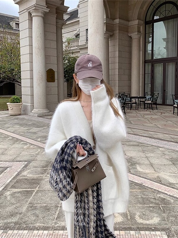 紫色水貂毛开衫毛衣外套女秋冬季新款温柔韩系慵懒中长款针织|undefined
