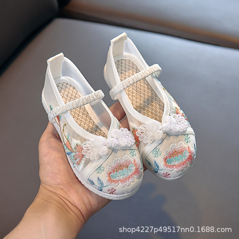Summer Chinese Style Sandals Factory Straight Hair Girls' Hanfu Shoes Children's Ethnic Style Embroidered Shoes with Horse Face Skirt
