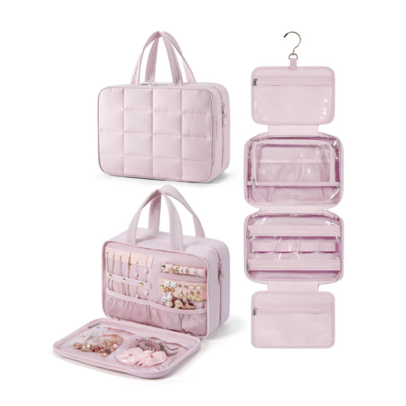 Bolsa de maquillaje multifuncional de gran capacidad de Amazon, bolsa de almacenamiento de viaje conveniente, bolsa de almacenamiento plegable de joyería