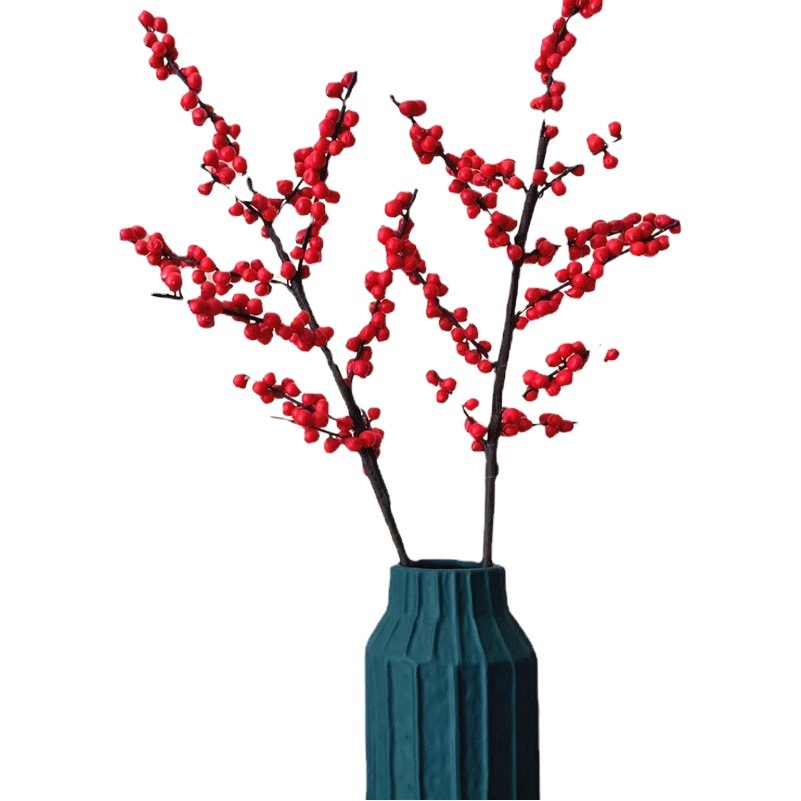 Decoración de barril de bendición de año nuevo, decoración de jarrón de fruta roja de acebo de América del Norte, fruta de acebo, flor de año nuevo, flor de flor, simulación de hogar, acebo