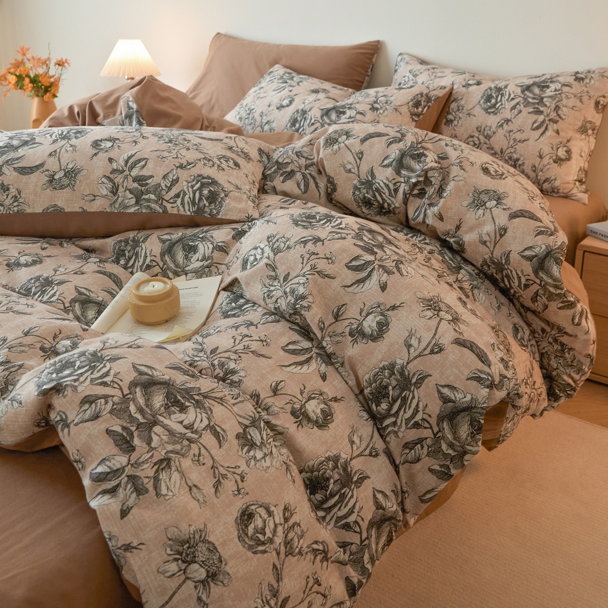 Conjunto de cama nórdico francês vintage boho classe A, 100% algodão escovado europeu, quatro peças, com lençol de baixo, lençol de algodão puro de alta qualidade em estilo retrô._voghion.com
