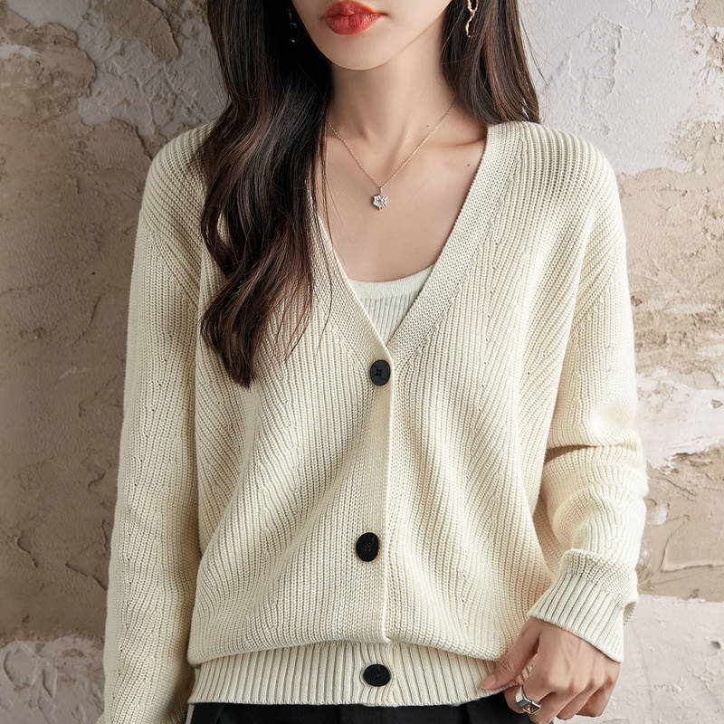 Non-Pilling 100% Pure Cotton Cardigan for Women, 2026 New Autumn and Winter Thickened Knit Outerwear, Loose V-Neck Sweater