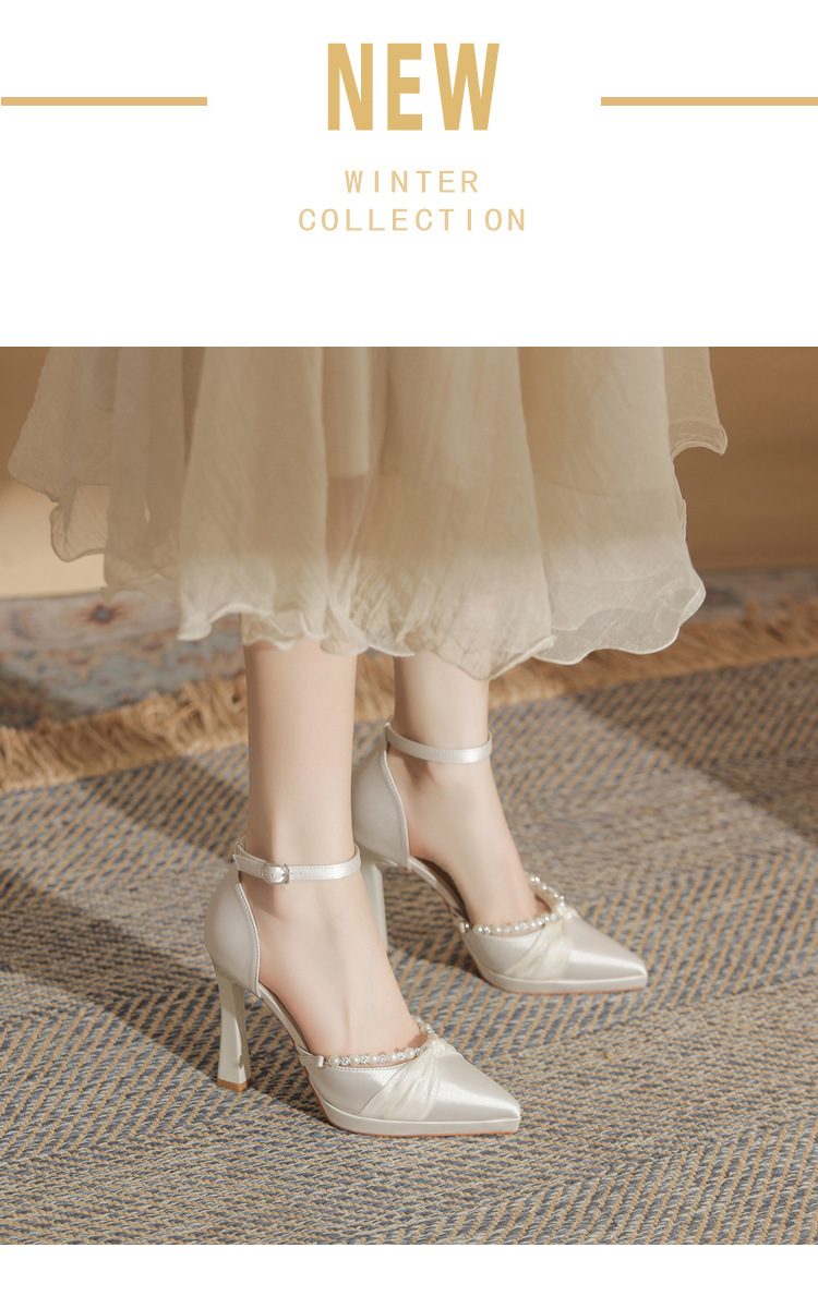 Sandal cao gót nữ Jin Gang YY10506 mũi nhọn hở mũi gót thô đế chống nước — Màu sâm panh chi tiết 2