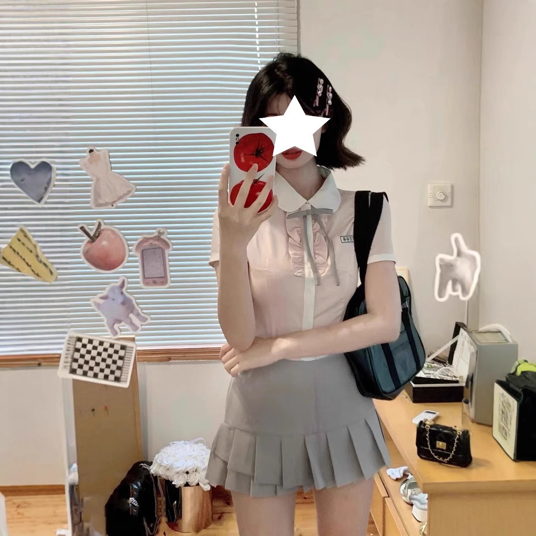 Korean Jk Uniform Pure Desire Preppy Style Suit Female College Design Sweet Pink Shirt Gray Pleated Skirt Two Pieces