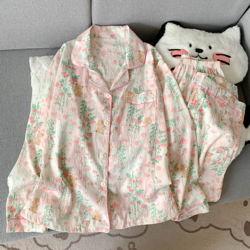 工厂直销云朵棉新款睡衣女长袖长裤开衫翻领卡通大码家居服套装|undefined