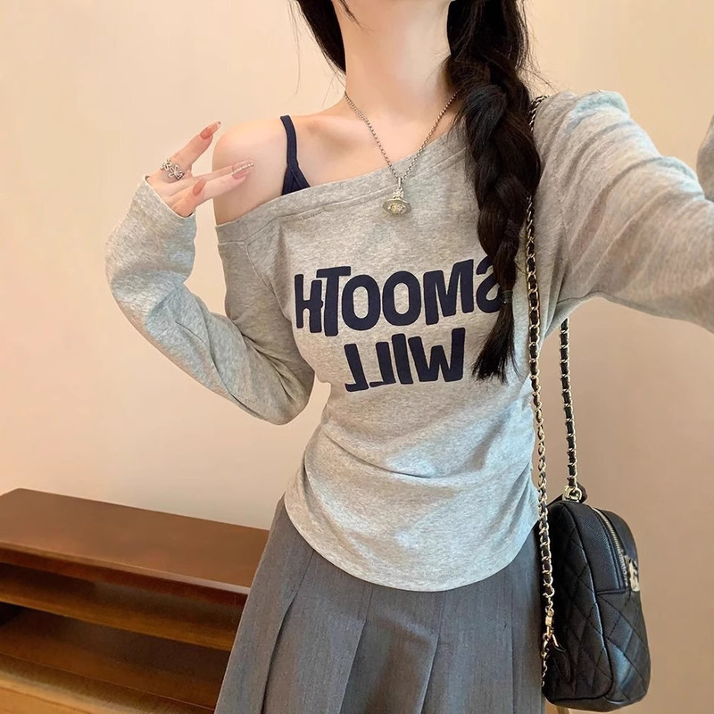 Korean Early Autumn New Style Slanted Shoulder Gray Letter Printed Long-Sleeved T-Shirt for Women Slimming Look Suspender Design Top for Women Korean Early Autumn New Style Slanted Shoulder Gray Letter Printed Long-Sleeved T-Shirt for Women Slimming Look Suspender Design Top for Women